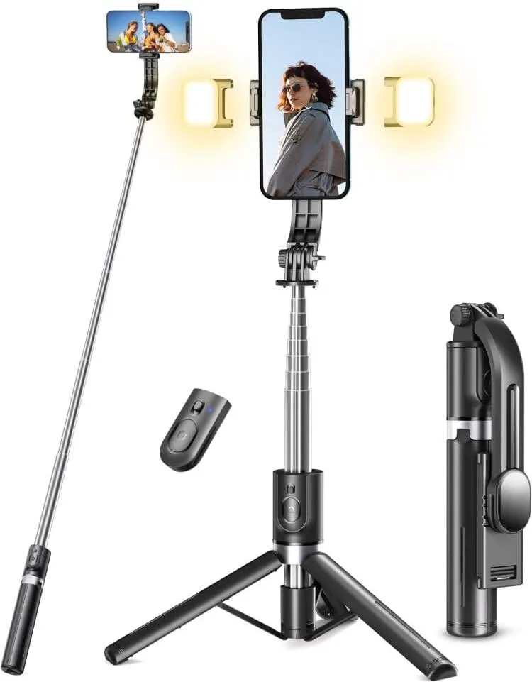 VAMOUT Selfie Stick Tripod, 45'' Portable Retractable Selfie Stick with Bluetooth Remote & 2 Fill Light, 360°Rotation Anti-shake Phone Tripod Compatible with iphone Android/iOS
