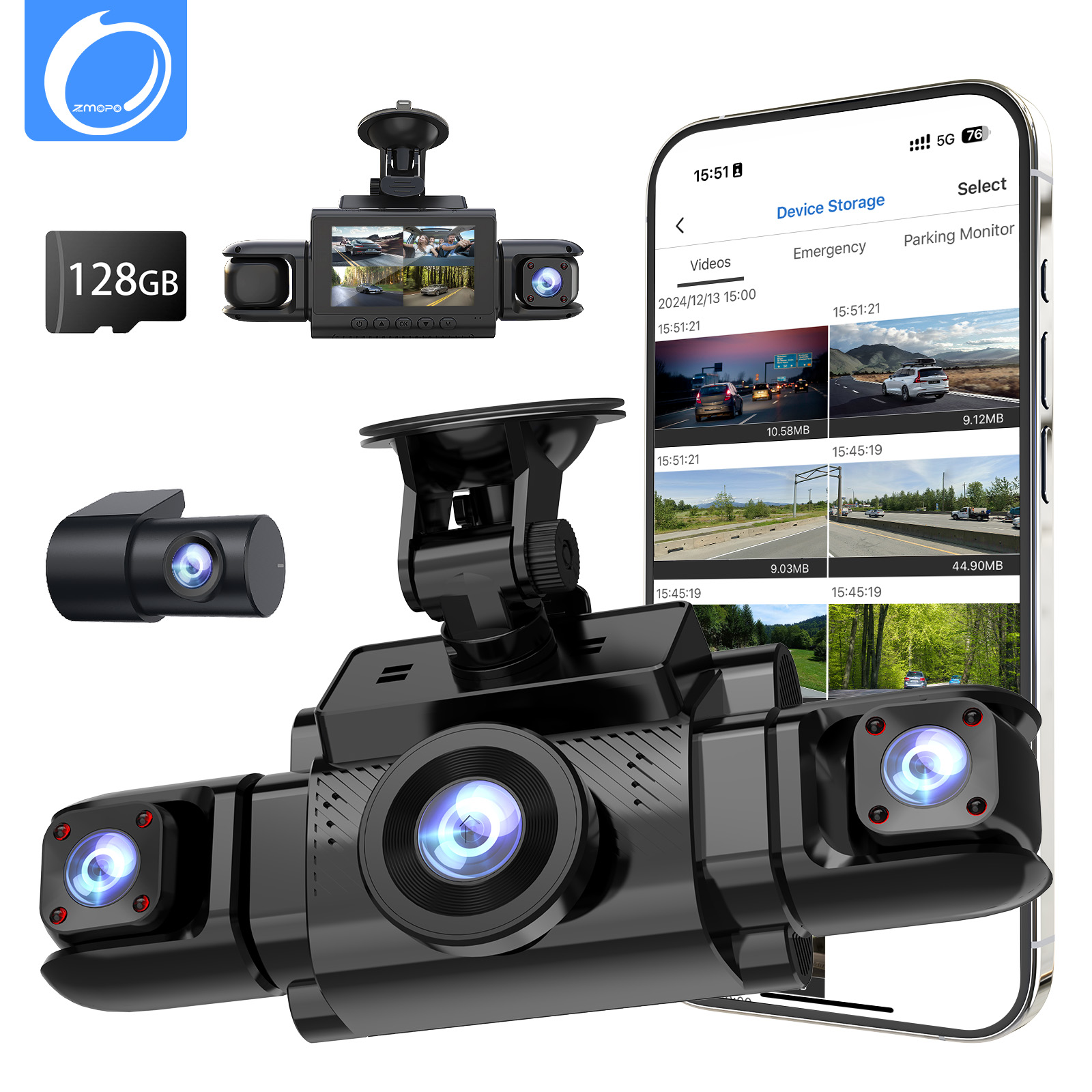 360 View 4 Channel Dash Cam Front and Rear Left Right Inside Camera for Cars, GPS and 5G Band WiFi, Night Vision, 160 Wide Angle, WDR, 24H Parking Mode, Supercapacitor, Included 128GB Card