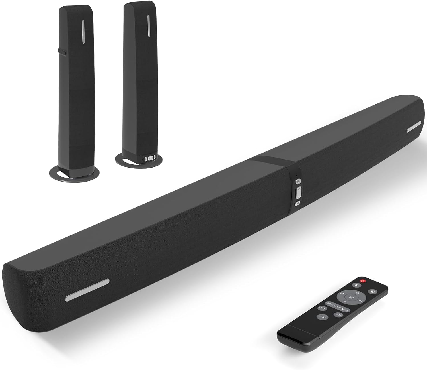 Assistrust Sound Bar for Smart TV,90W Soundbar with Bluetooth/ARC/Optical/AUX Connect, Auto Volume Boost, 3 Customizable Equalizer Modes, 2 in 1 Detachable Soundbar for TV/PC/Gaming/Projectors