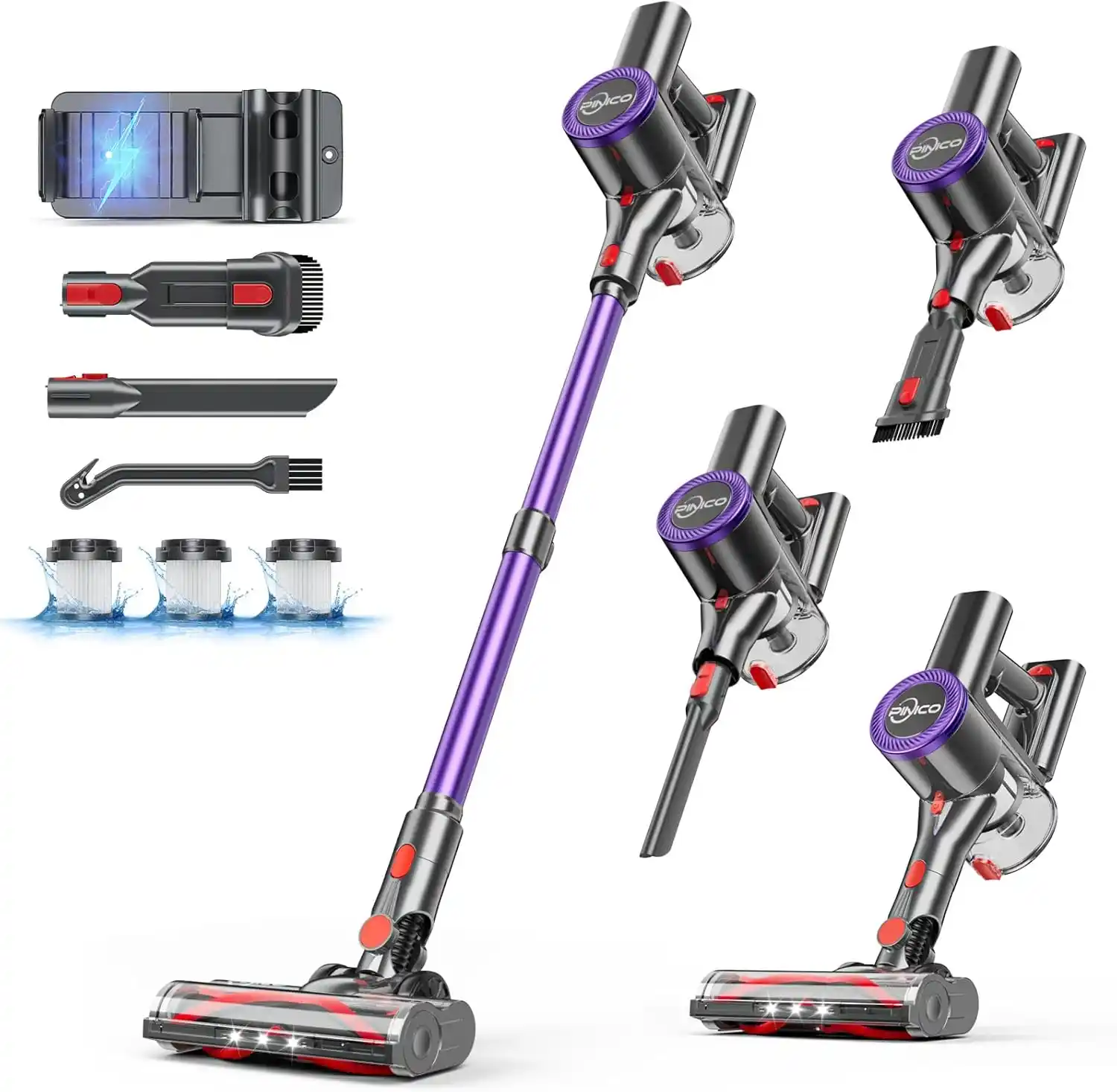 Pinico N5 Cordless Vacuum Cleaner, Stick Vac with Anti-Tangle Brush, Up to 40 Minutes runtime, Powerful Suction, Lightweight, Versatile for Carpet, Hard Floor, Pet Hair