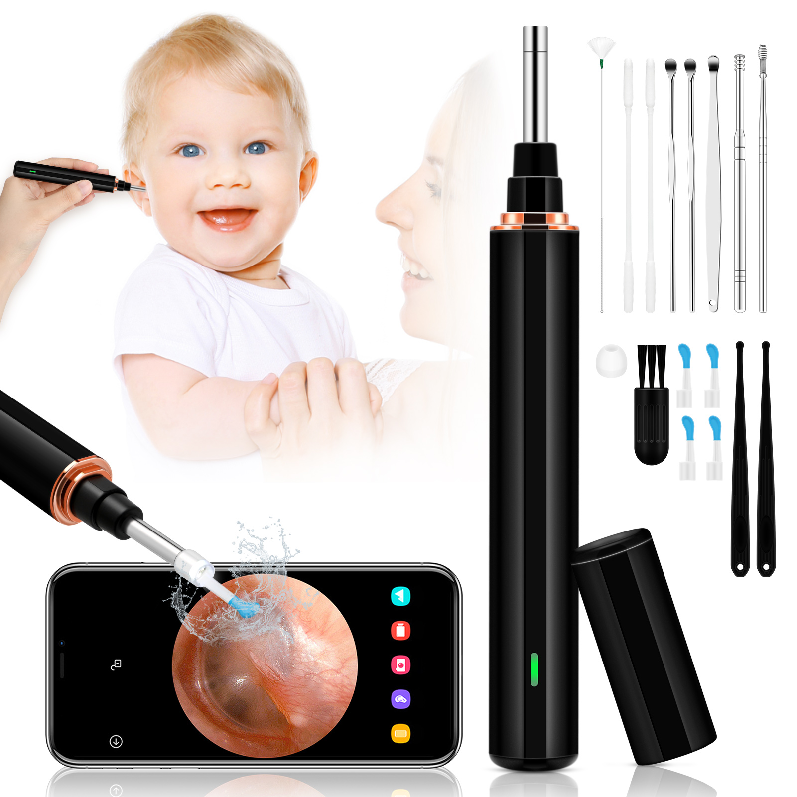 Siyaluens Ear Wax Removal Tool with 6 LED Lights 1296P FHD Mini Wireless Otoscope, 16pcs Ear Pick Compatible with iOS, IPad & Android, Safe Ear Cleaning Camera for Adults, Children & Pets
