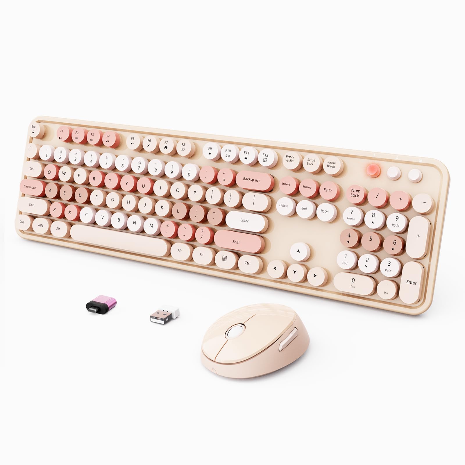 Wireless Keyboard and Mouse Combo, Ergonomic Full Size Typewriter Retro Round Keycaps Keyboard, Compatible with Windows, PC, Perfer for Home and Office Keyboards (Chocolate Color)