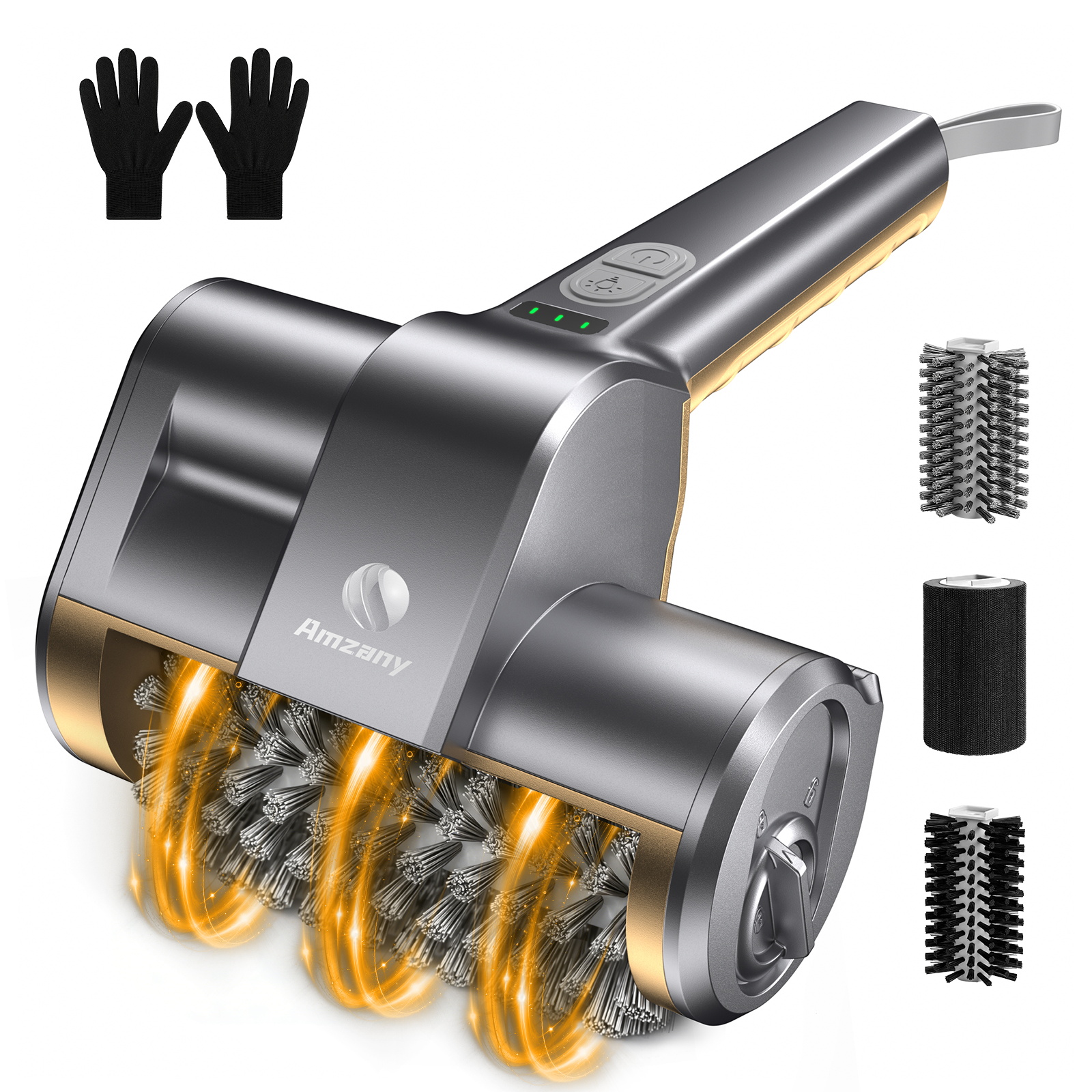 Amzany Cordless Electric Grill Brush &mdash; Rechargeable BBQ Cleaner with 3 Replaceable Heads, 2-Speed Powerful Motor, 150-Min Runtime, LED Light for Charcoal, Pellet Grills & Griddles
