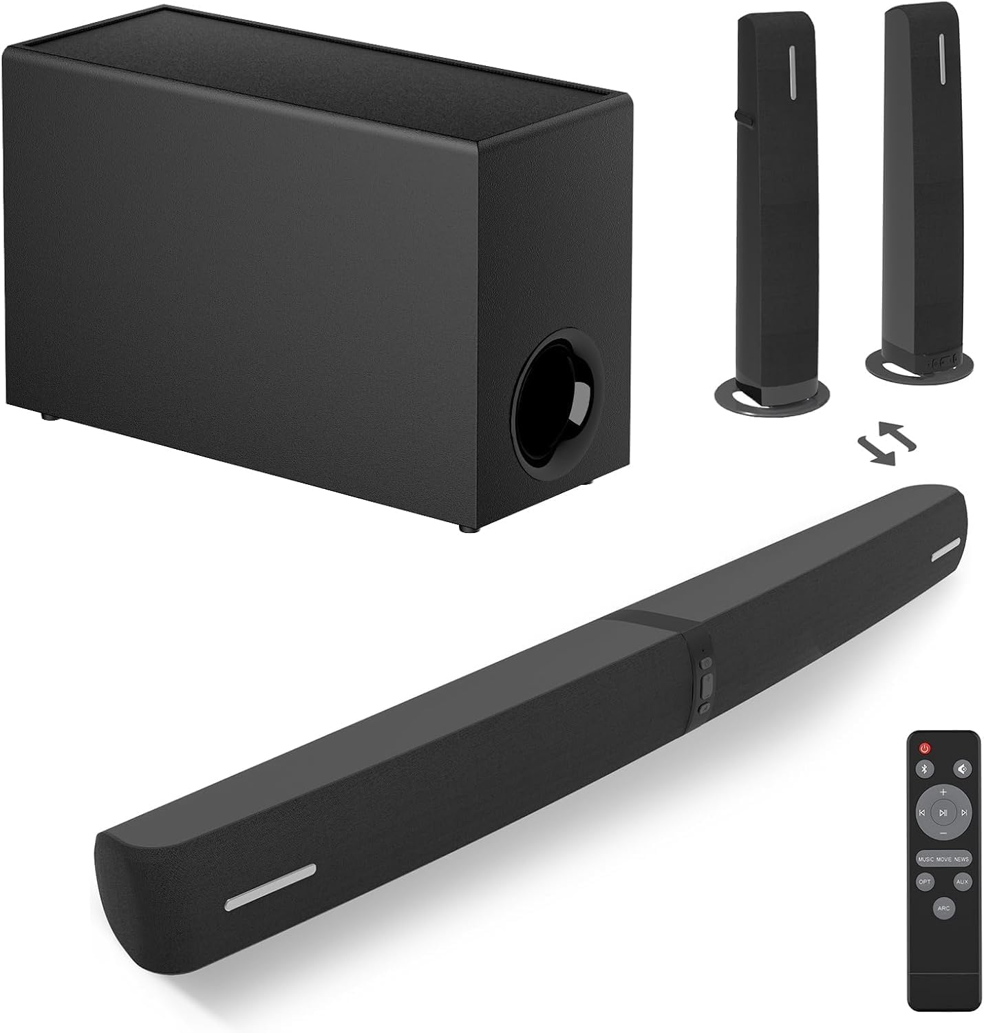 Assistrust Detachable 2.1 Sound Bar with Subwoofer, 110W Soundbar for Smart TV, 3 Equalizer Modes, Bluetooth 5.3 ARC Optical AUX for TV PC Gaming Projector