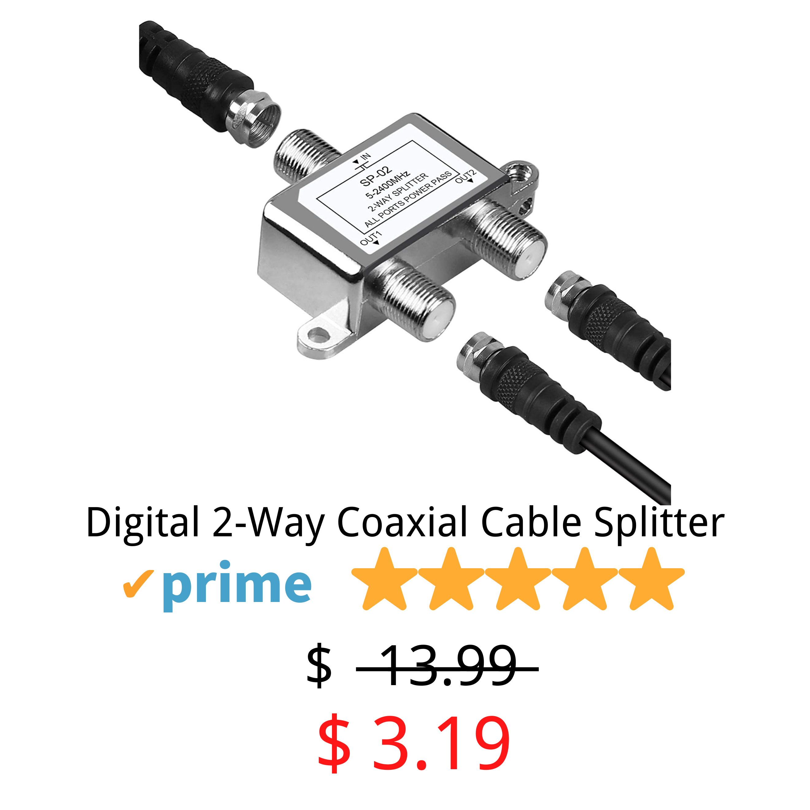 NEWCARE Digital 2-Way Coaxial Cable Splitter 5-2400MHz, RG6 Compatible, Work with Satellite TV, CATV, Antenna System(One Coax Cable Included)