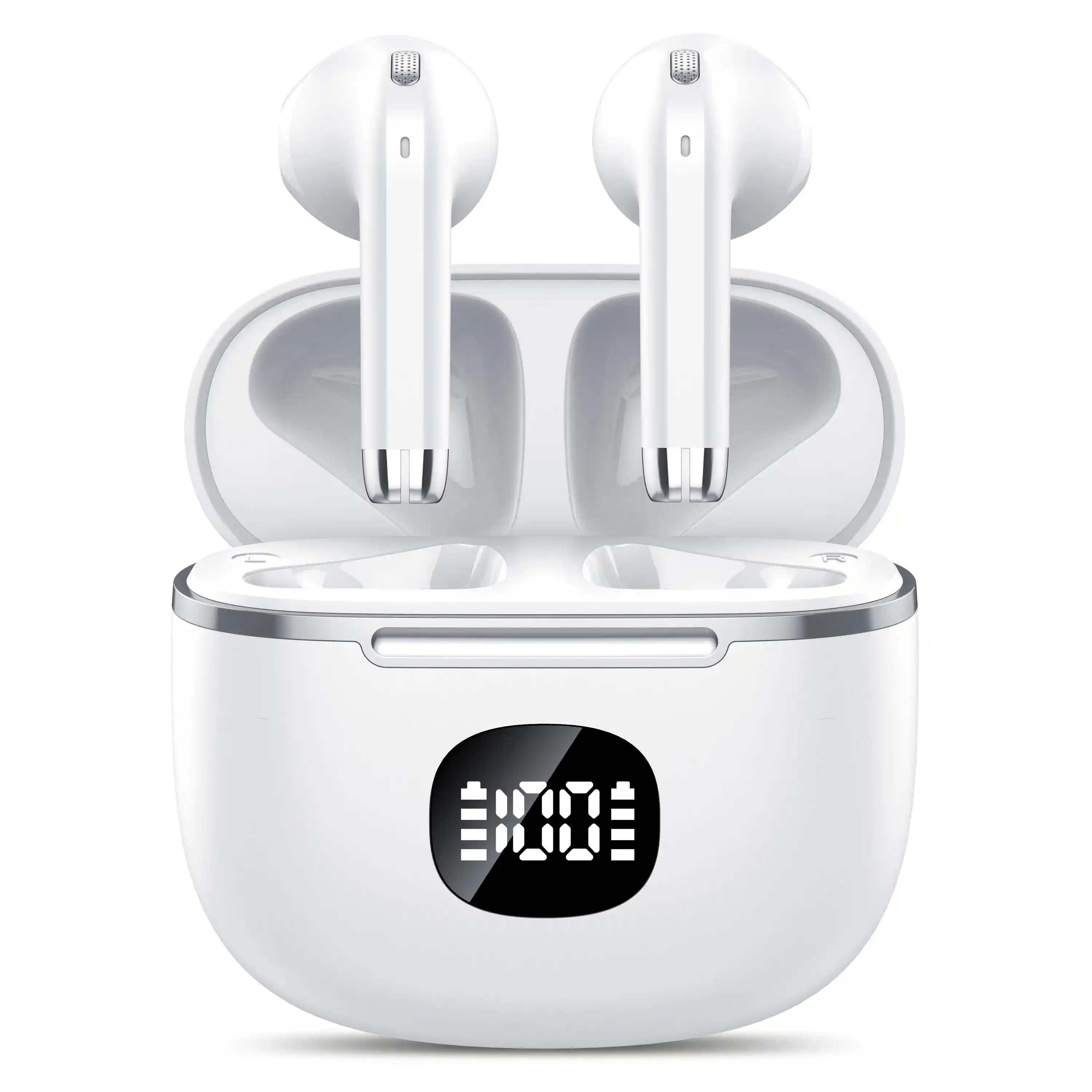 Wireless Earbuds Bluetooth Headphone 60H Deep Bass Loud Sound with 4 Mic Clear Call Ear Buds Noise Cancelling IP7 in-Ear Headphones with Wireless Charging Case Compatible for iPhone Android, White