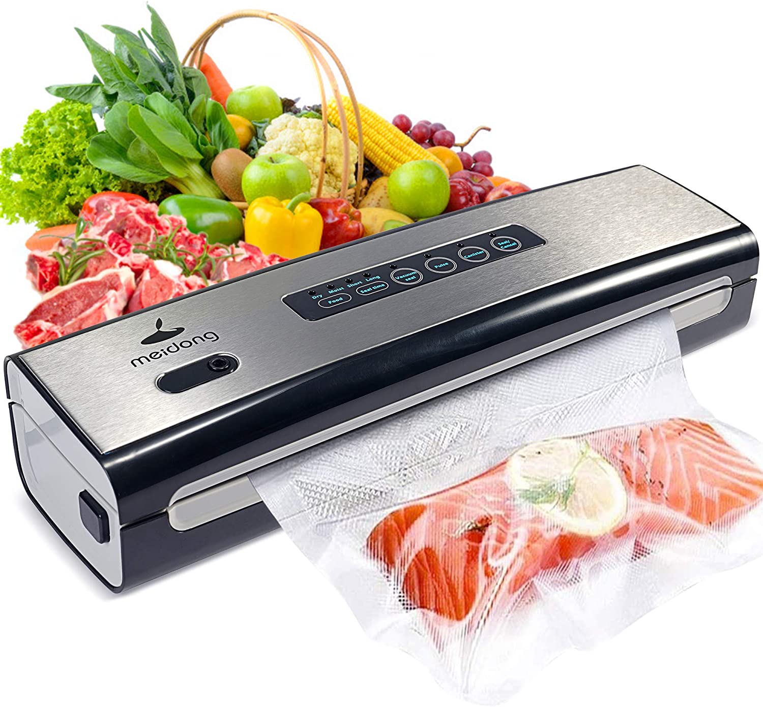 Vacuum Sealer Machine, meidong Food Vacuum Sealer Machine Built in Air Sealing System, Automatic For Food Preservation Storage With Dry & Moist Modes, LED Indicator, Easy to Clean, Compact Design