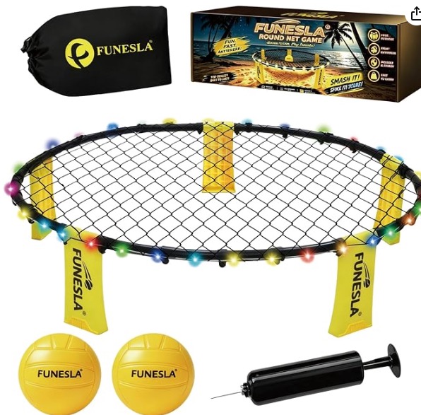 Roundnet Game Set with Light Strip,Outdoor Indoor Quick Setup Ball Game with Hidden Needle Air Pump & Carry Bag Gift for Teens, Family - Yard, Lawn, Beach, Tailgate