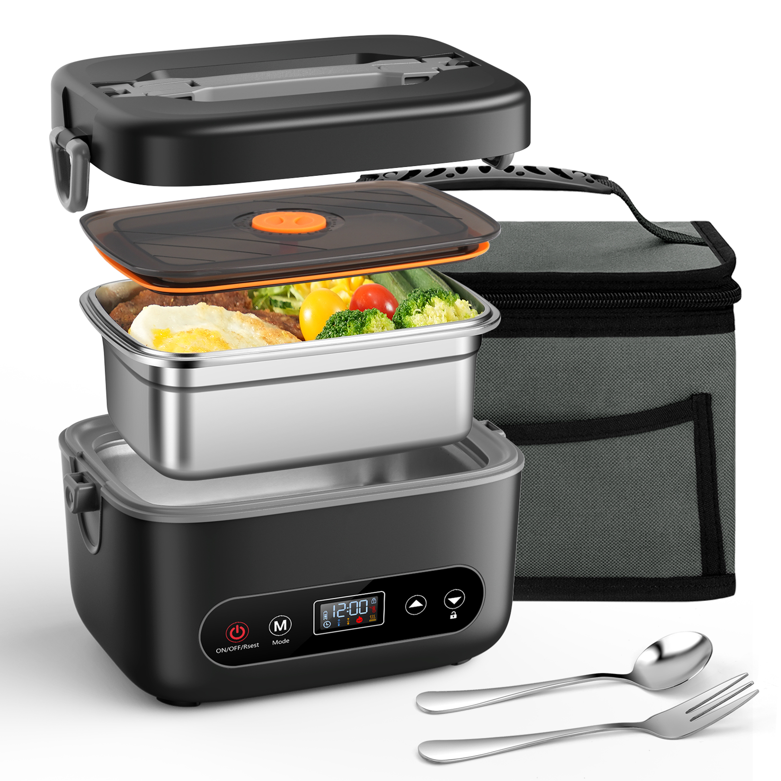 Electric Lunch Box for Men, 1.2L Cordless Heated Lunch Box, 24000mAh Rechargeable Portable Food Warmer with Auto Temperature Control, 5-Sided Heating, Leakproof, for Office, Outdoors & Truck, Black003