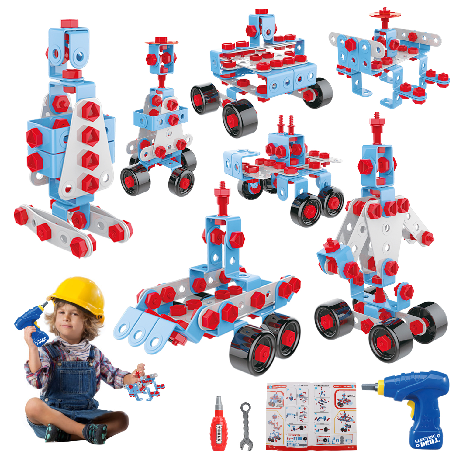 HONYAT 247pcs 7-in-1 STEM Toys Robot Building Kit, Electric Drill Puzzle Building Set with Storage Box, Educational Construction Building Blocks Set - Gift for Preschool Kids, Boys and Girls Age 5-12