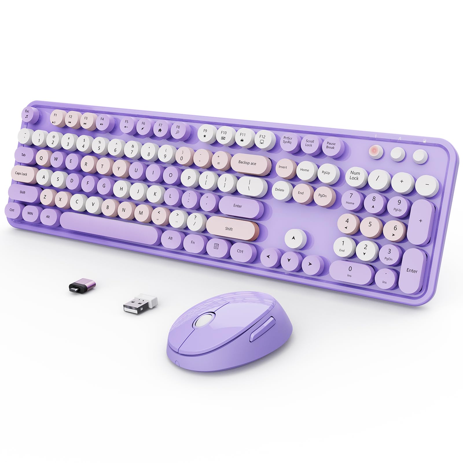 Wireless Keyboard and Mouse Combo, Ergonomic Full Size Typewriter Retro Round Keycaps Keyboard, Compatible with Windows, PC, Perfer for Home and Office Keyboards (Purple