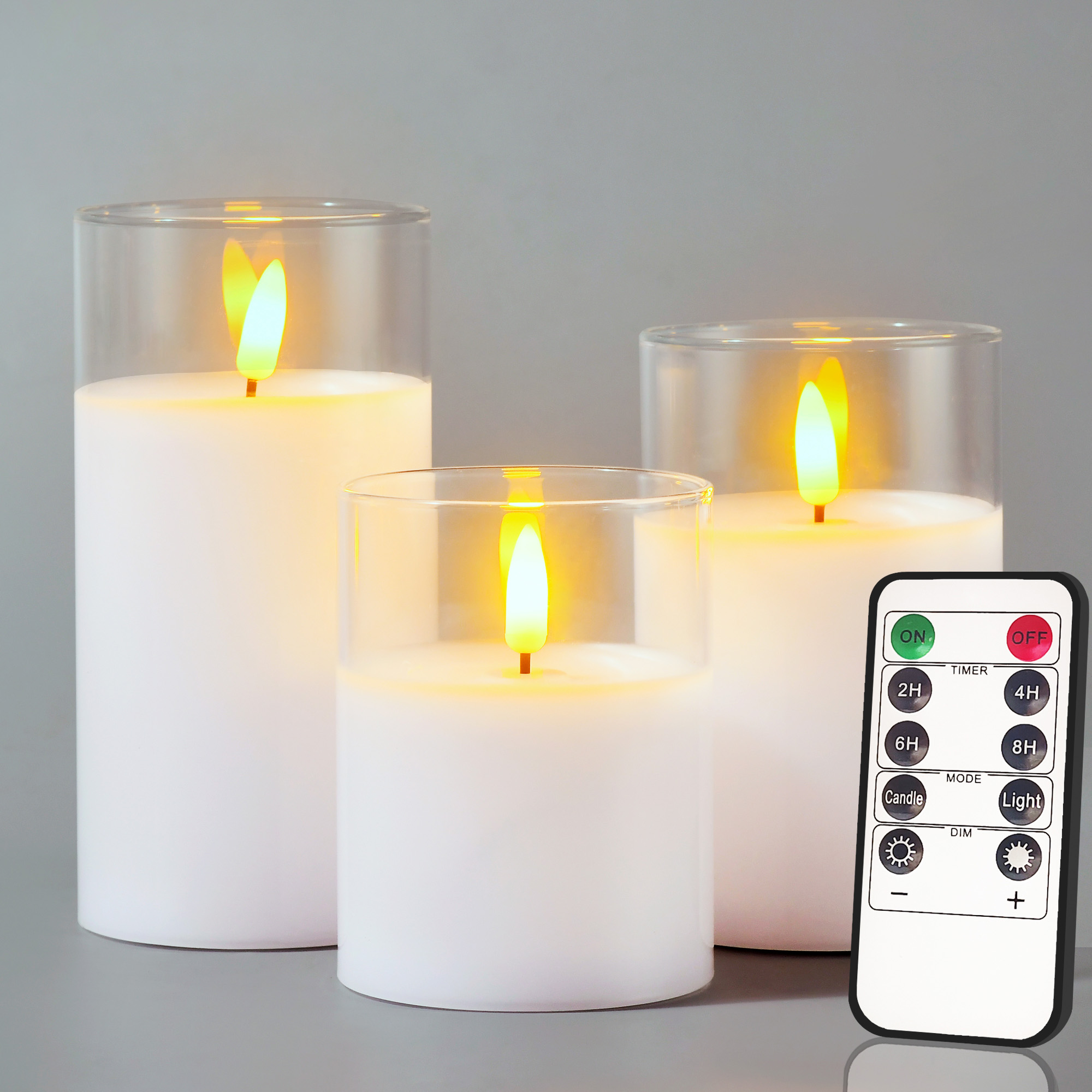 Tyawon Glass Battery Operated LED Flameless Candles with Remote and Timer, Real Wax Candles Warm Color Flickering Light for Festival Wedding Home Party Decor(Pack of 3)-White