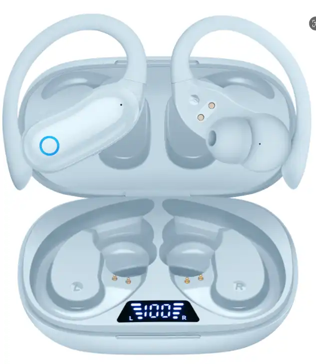 GNMN Bluetooth Headphones Wireless Earbuds 80hrs Playback IPX7 Waterproof Ear Buds Over-Ear Stereo Bass Earphones with Earhooks Microphone LED Battery Display for Sports/Workout/Gym/Running Smog Blue