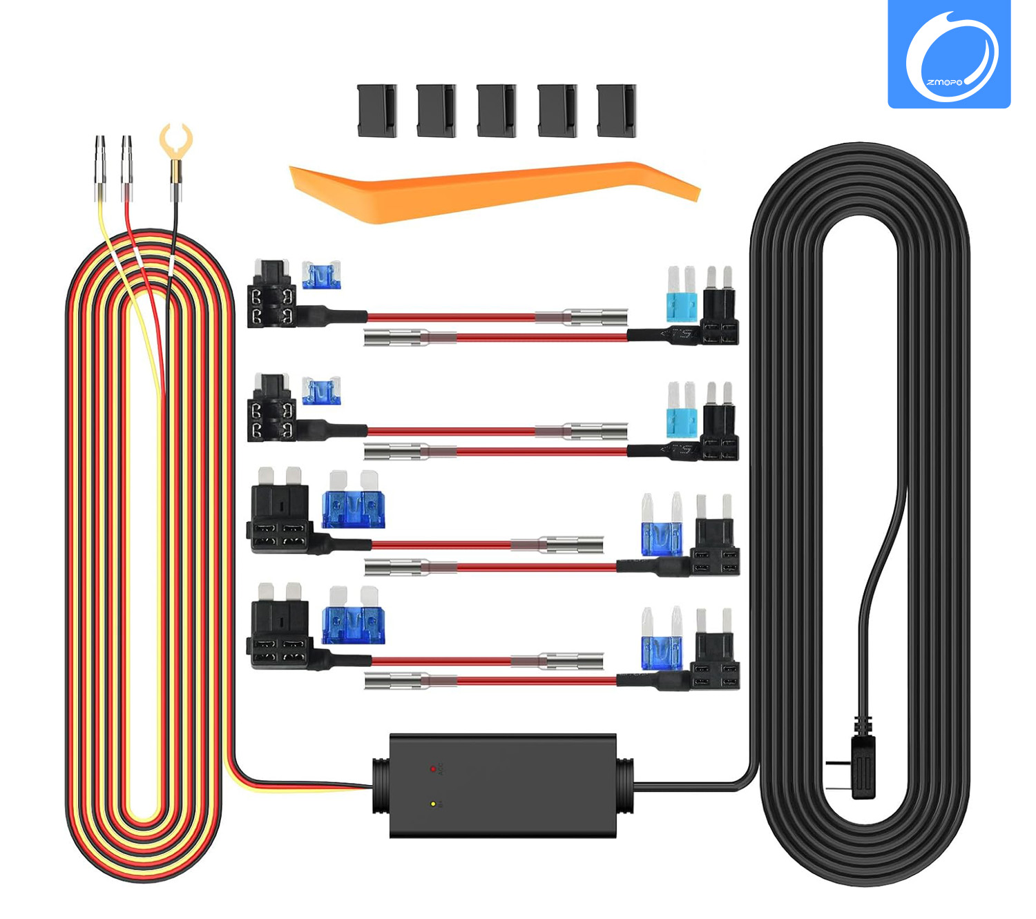 ZHK-01 Type-C Hardwire Kit with 8pcs Circuit Fuse Tap for D435 Dash Camera, 12V-24V to 5V/3A, LED Indicator, Low Voltage Protection