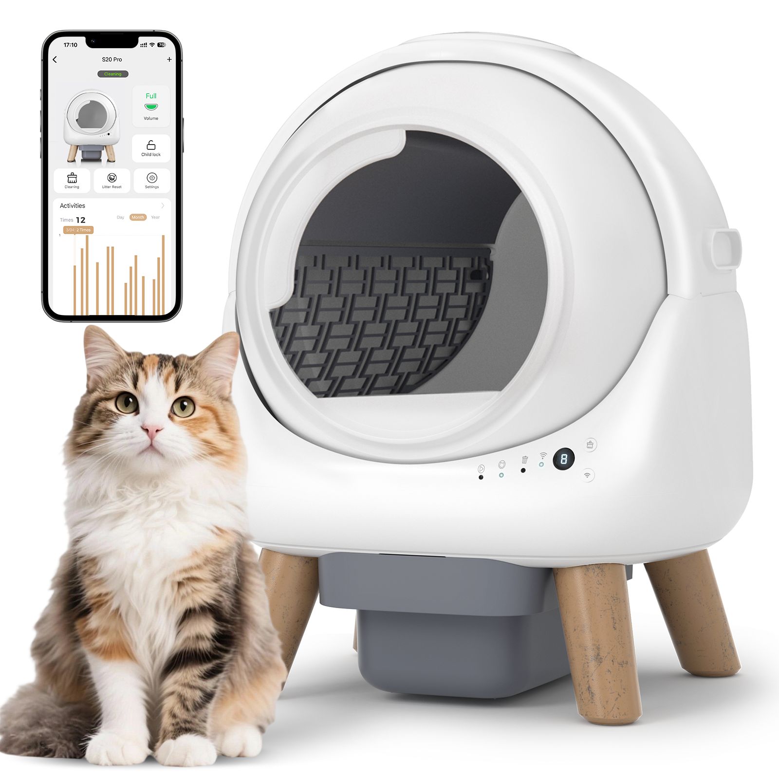 Self-Cleaning Litter Box for Multiple Cats, Automatic Smart App-Controlled with Health Monitoring, 15-Day Odor Control & Safety Sensors, Large Capacity for Cats up to 18 lbs, B-White