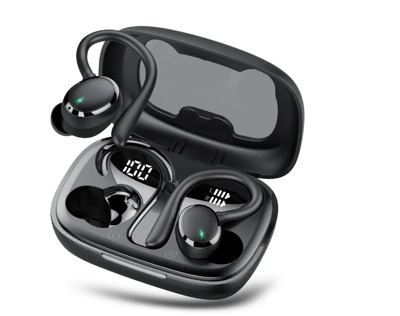 Wireless Earbuds 64hrs Bluetooth Headphone Sport, Bluetooth Earbuds Stereo Deep Bass Over Ear Bud with Earhooks, LED Display, ENC Noise Cancelling Mic, Earphones for Workout/Running, Black