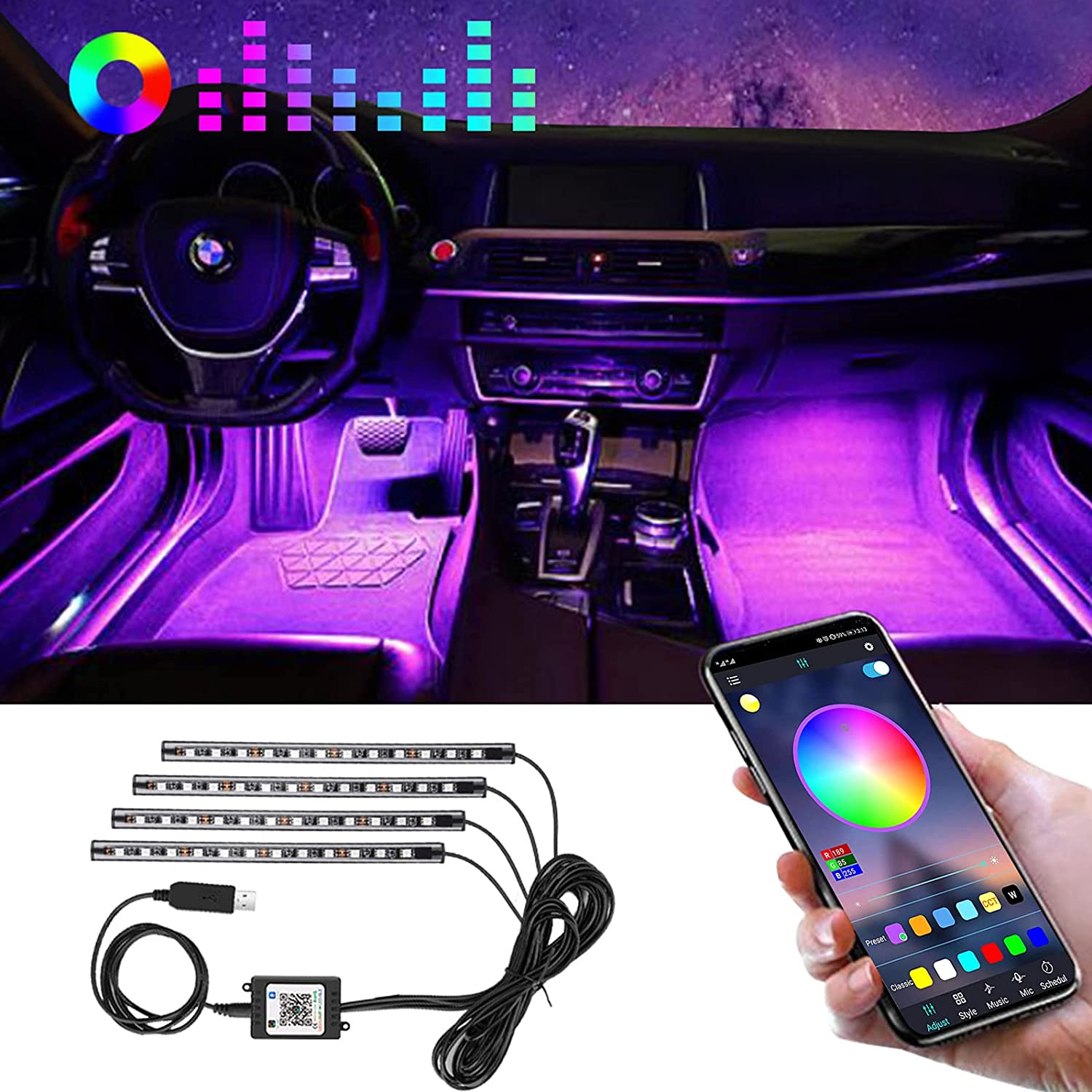 Yoluxzm Car Led Lights Interior 4 Pcs 48 Led Strip Light for Car with USB Port APP Control for iPhone Android Smart Phone Infinite DIY Colors Music Microphone Control