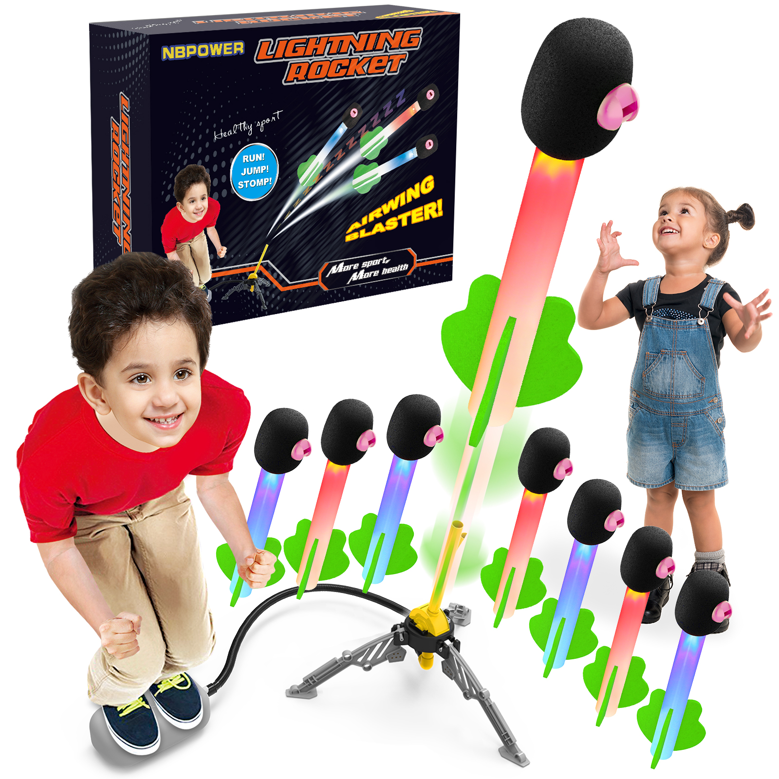NBPOWER 8 Foam Lighting Rocket Launchers for Kids Reach Up to 100 Feet, Outdoor Air Jump Rocket Toy Gift for Boys and Girls Ages 3 4 5 6 7 8+ Years Old and Up