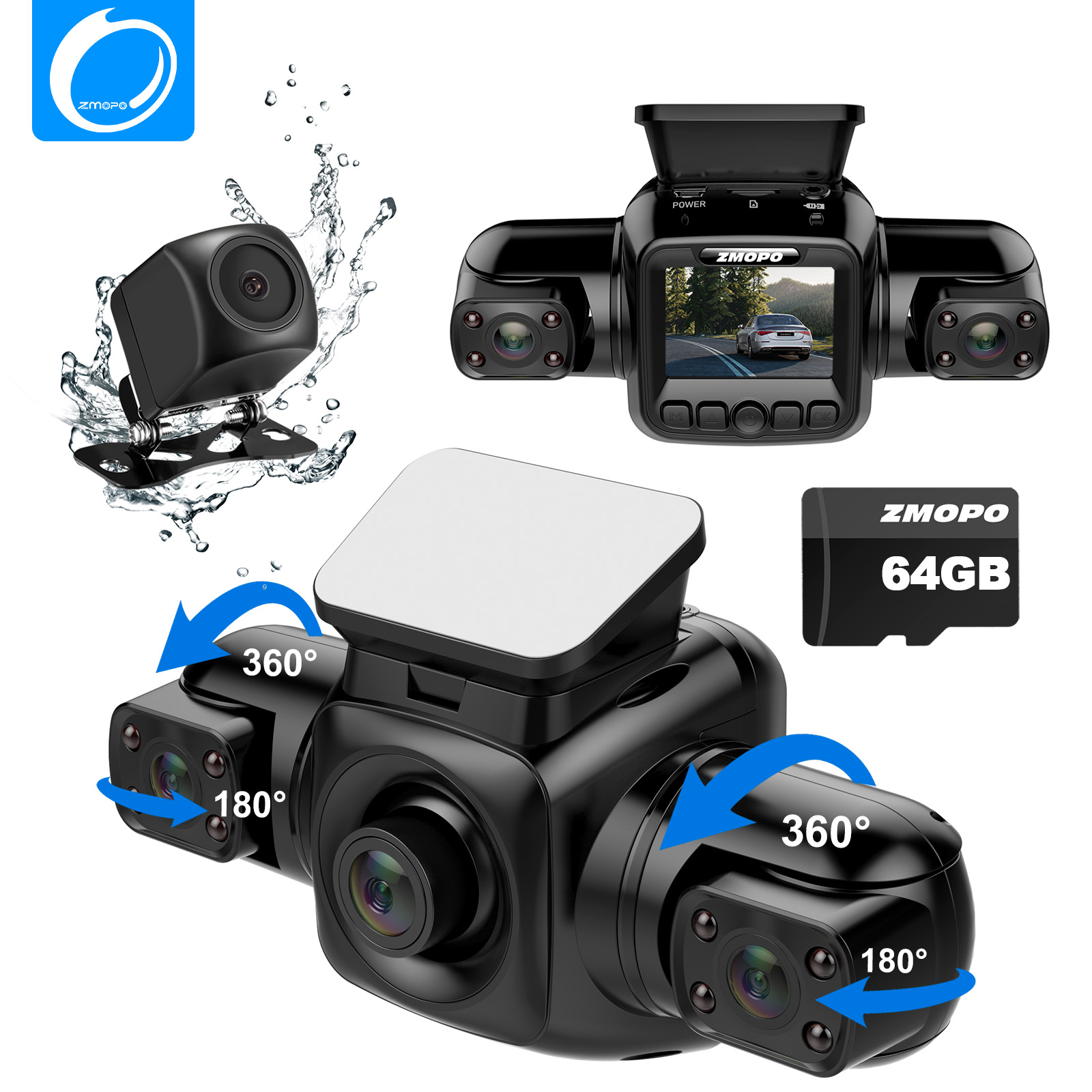 ZMOPO 4 Channel Dash Cam Front and Rear Inside Left Right FHD 1080P Dash Camera for Cars, Built-in WiFi, Free 64GB Card
