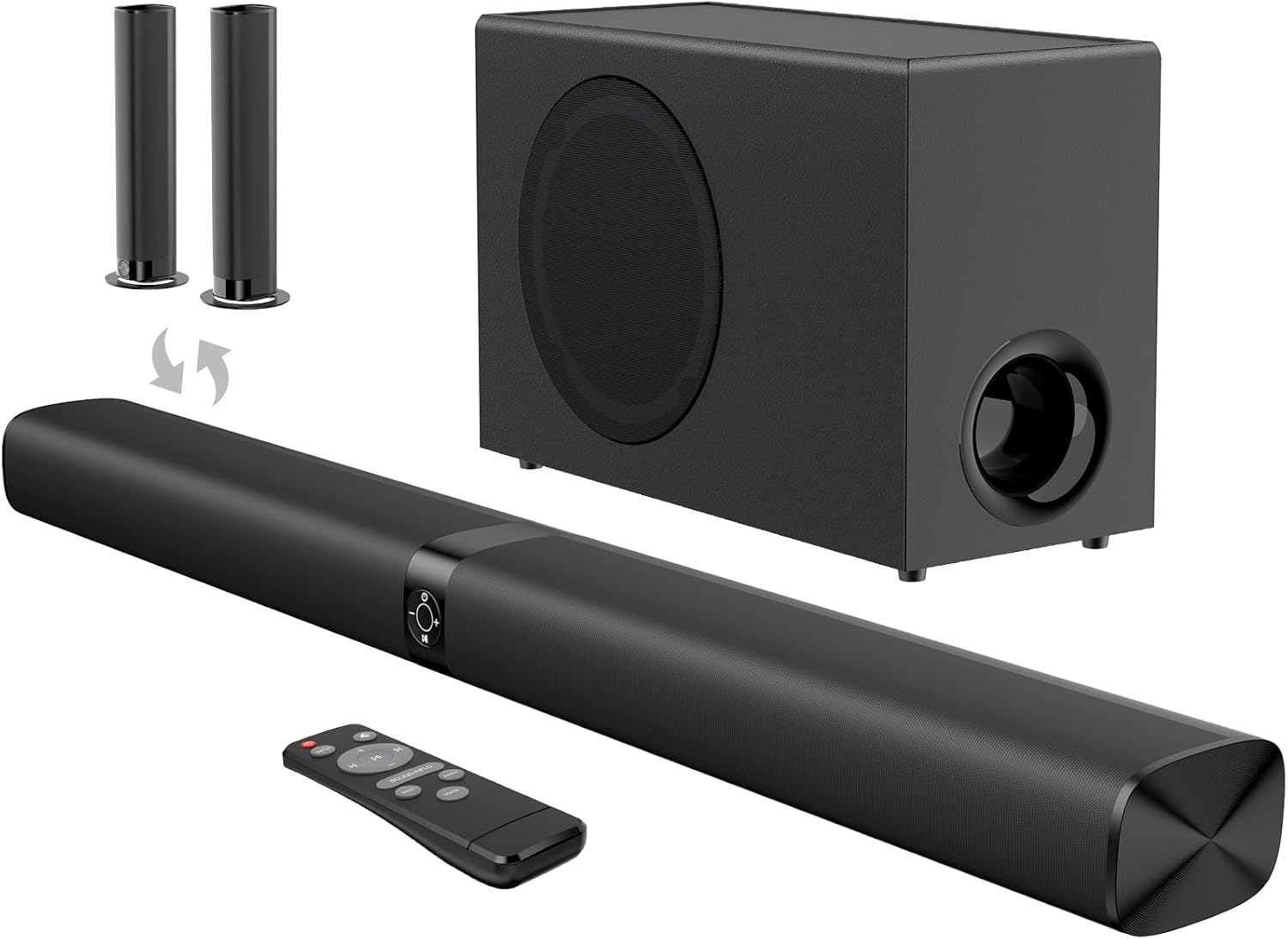 Assistrust Sound Bar with Subwoofer, 110W Sound Bar for Smart TV, with Deep Bass & Volume Boost, Bluetooth/ARC/Opt/AUX, Detachable Soundbar for TV/Projectors