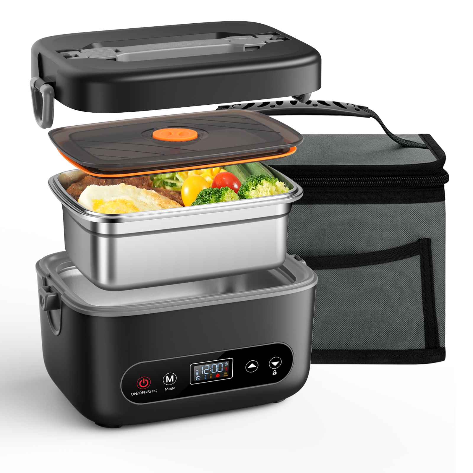 Electric Lunch Box for Men, 1.2L Cordless Heated Lunch Box, 24000mAh Rechargeable Portable Food Warmer with Auto Temperature Control, 5-Sided Heating, Leakproof, for Office, Outdoors & Truck, Black002