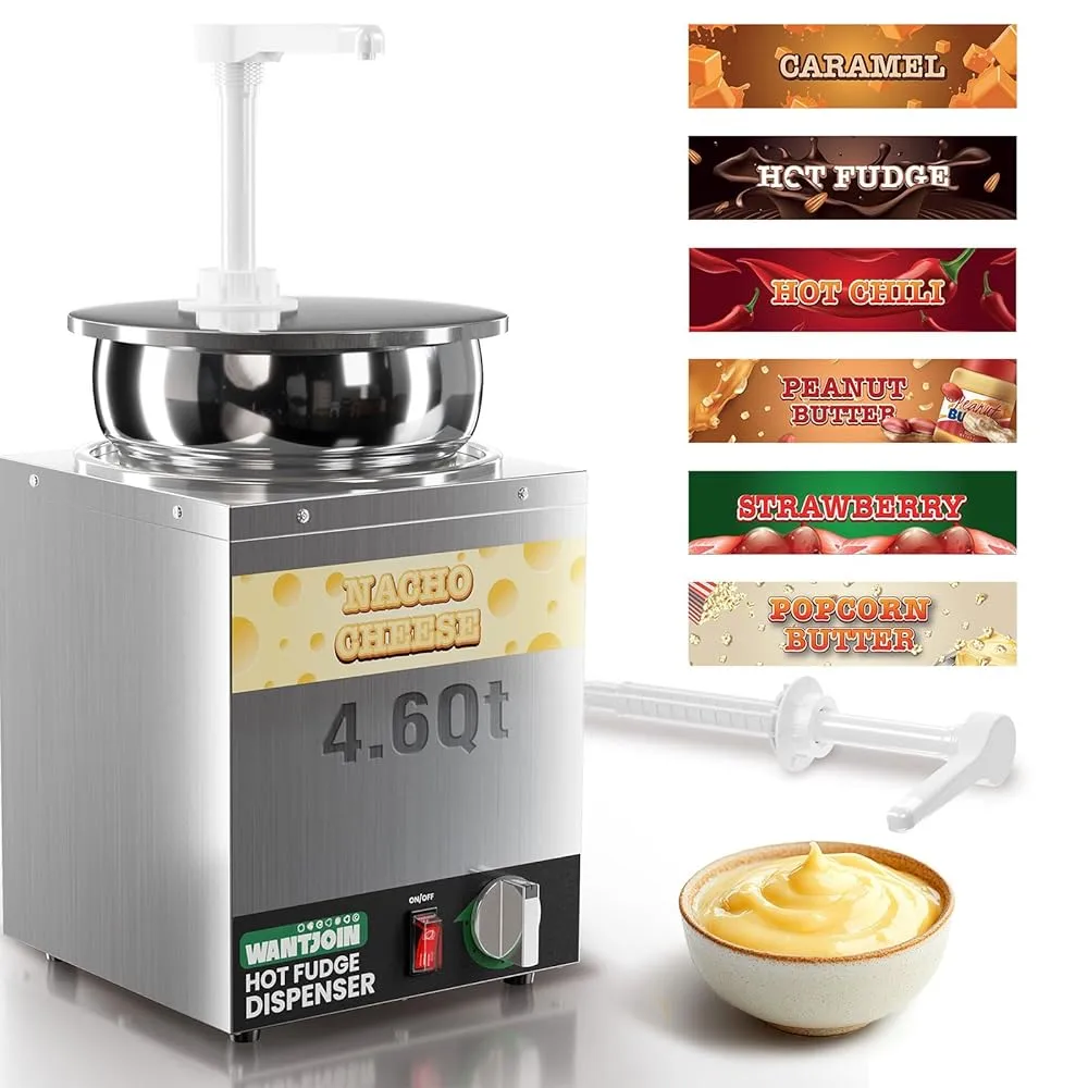 WantJoin 4.6Qt Nacho Cheese Dispenser with Pump - Nacho Cheese Warmer,Stainless Steel Hot Fudge Warmer W/5-Level Temperature Adjustment,Hot Fudge Dispenser for Hot Fudge Cheese Caramel
