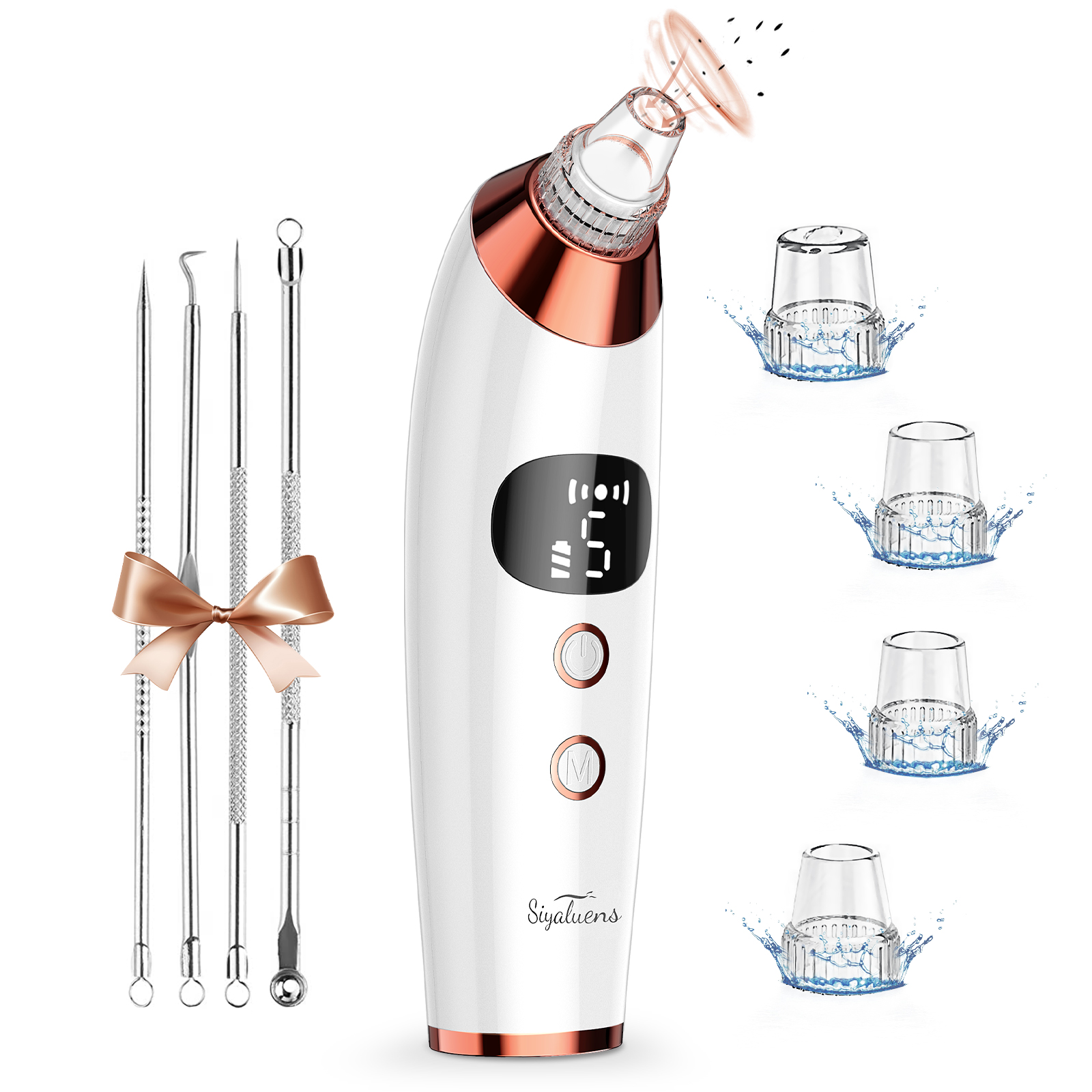 Blackhead Remover Vacuum Pore Cleaner,Siyaluens Facial Pore Acne Comedone Whitehead Extractor with 5 Suction Power & 4 Probes,Hot Compress,3 Beauty Lamps,Electric USB Rechargeable Black Head Suction
