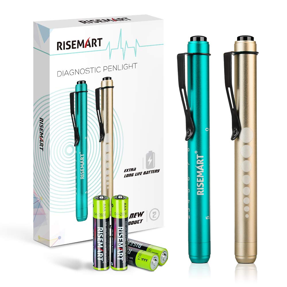 RISEMART Reusable Medical Penlight  with Pupil Gauge for Nurse Students Doctors, Extra Warm Light Bulb, Pocket Clip and Batteries Included