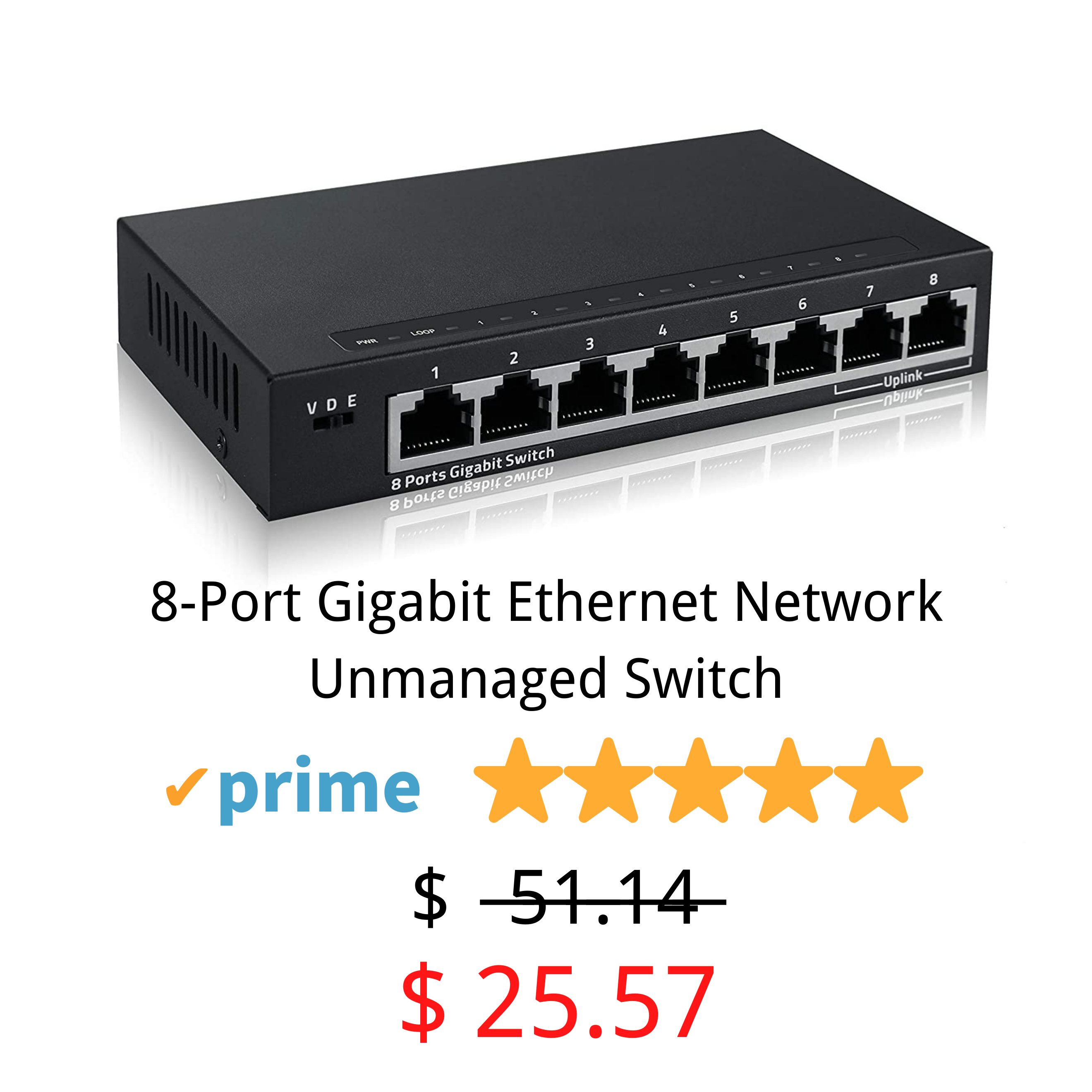 NEWCARE 8-Port Gigabit Ethernet Network Unmanaged Switch, IEEE802.3X Standard Ethernet Splitter(6 Ports + 2 uplink Ports), 10/100/1000Mbps Ethernet Ports, Traffic Optimization, Fanless, Plug and Play