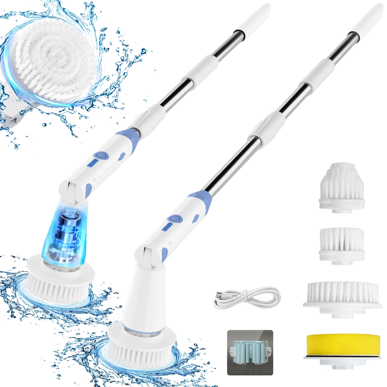 Electric Spin Scrubber, 2024 New Bathroom Cleaner, Power Shower Cleaning Brush with Extendable Handle & 4 Brush Heads, Shower Scrubber for Bathtub Tile Grout Kitchen Window and Floor (White/Blue)