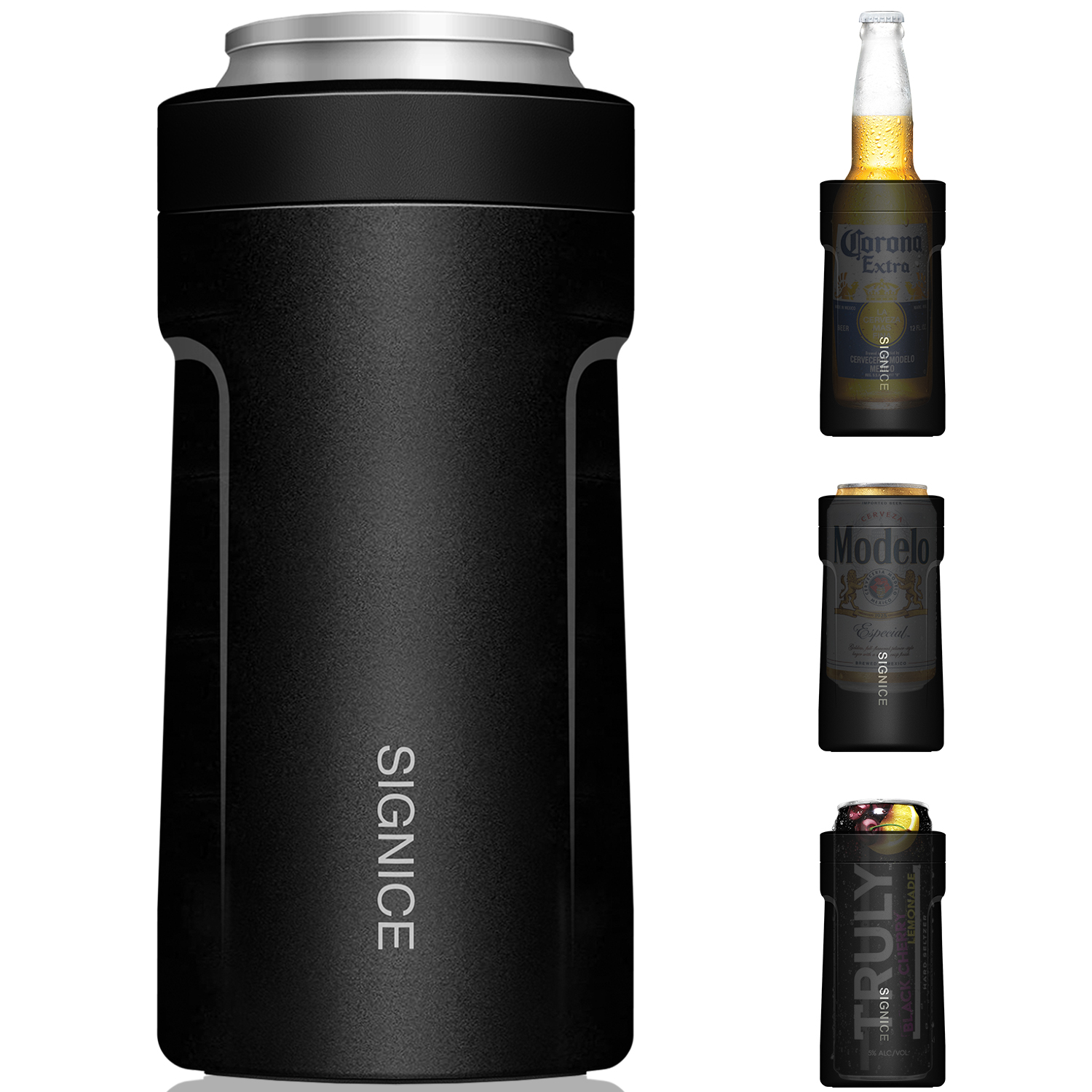 3-IN-1 Insulated Can Cooler - Signice Double Walled Vacuum Insulator Stainless Steel Slim Can Cooler for 12 Oz Skinny Tall Can/Standard Regular Can/Beer Bottle (Matte Black)
