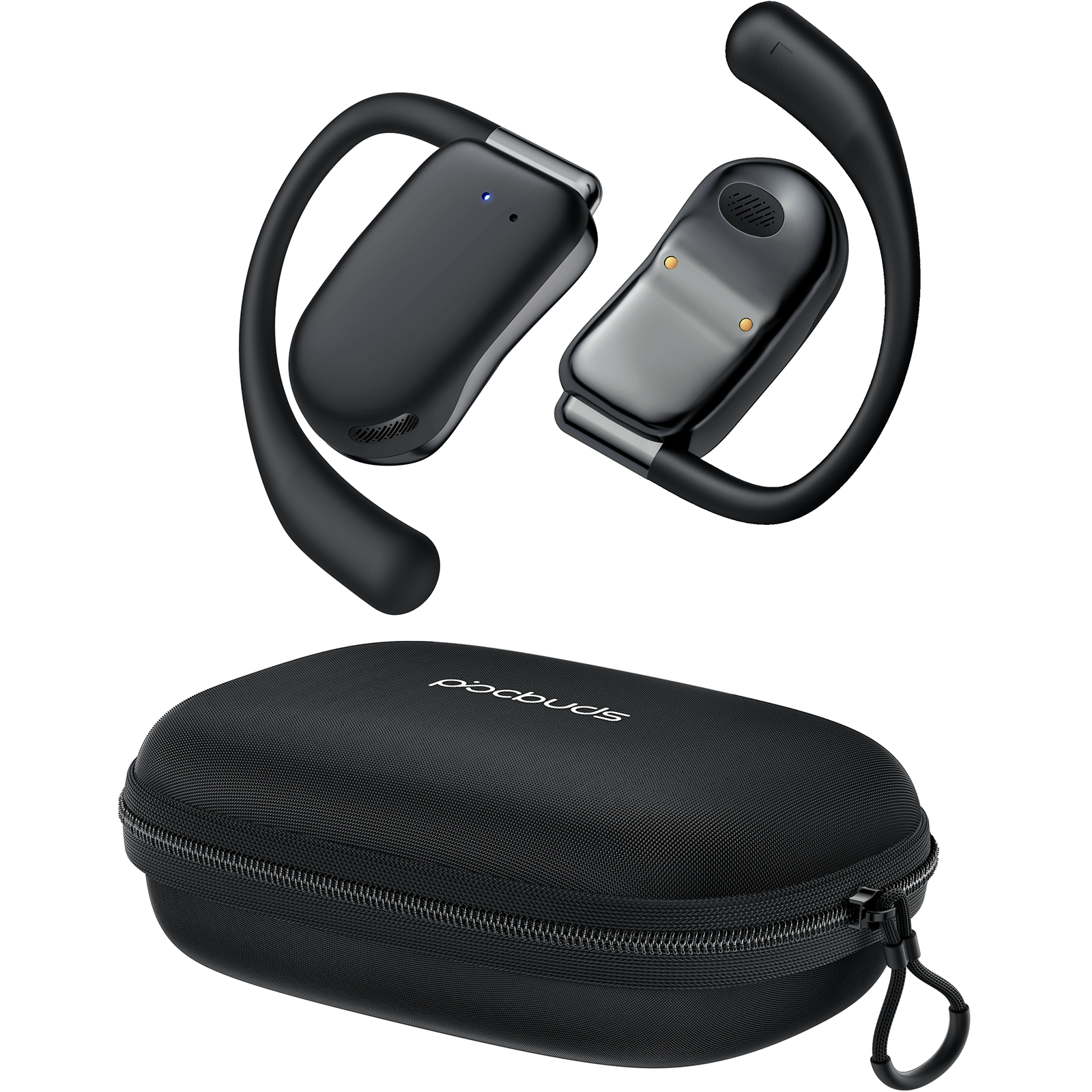 Wireless Earbuds Open Ear Headphone 80H Playtime Bluetooth Earbuds with Earhook Open Ear Earbuds with Zipper & Lanyard Case Design Over Ear Headphones Stereo Sound with 16.2mm Drivers for Sport Black