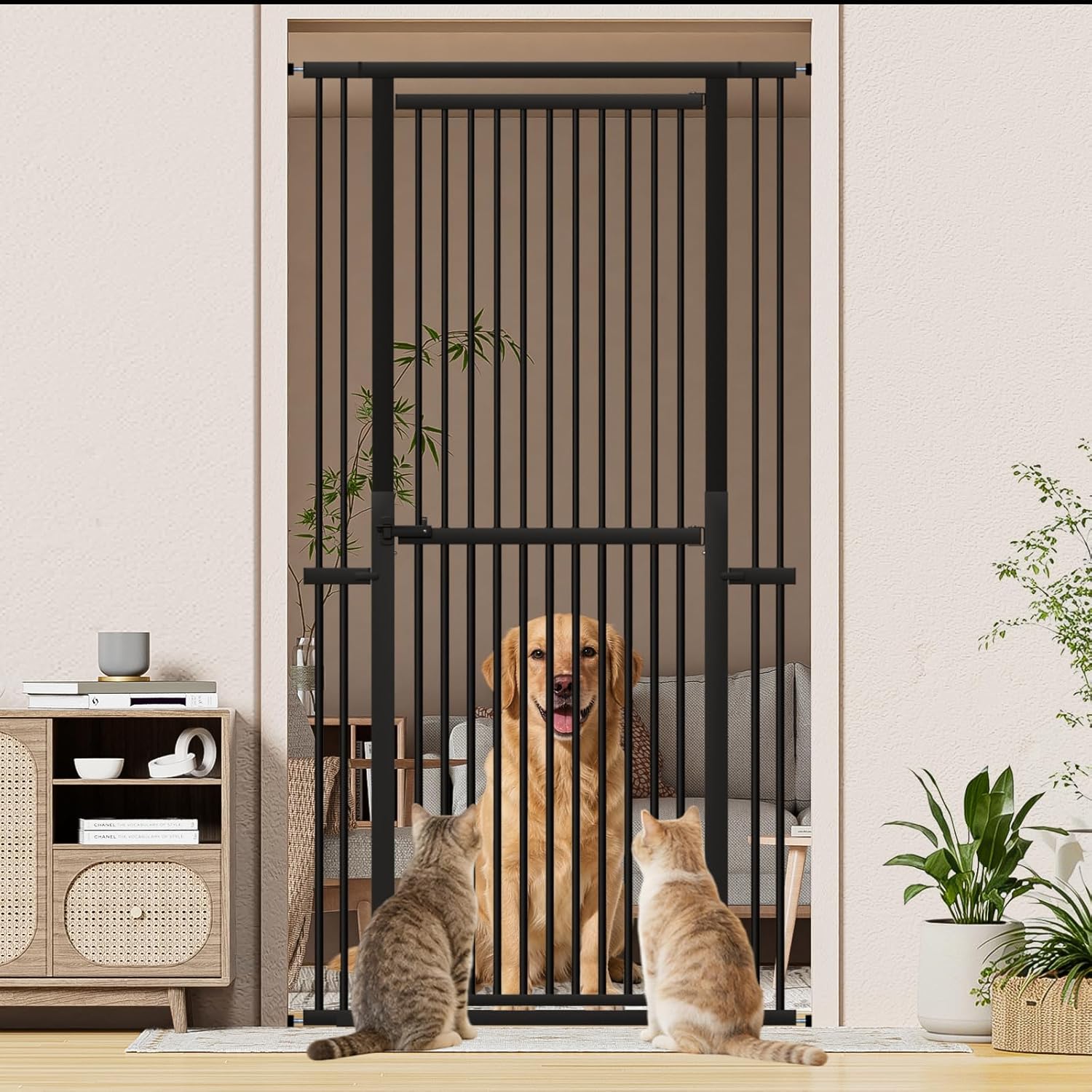 Snuowu 51"-87" Extra Tall Pet Gate for Cats, 29.5"-40.5" Wide Pressure Mounted No-Drilling Safety Dog Gate, Metal Walk-Thru Barrier for Doorways, Stairs, Kitchens, Black